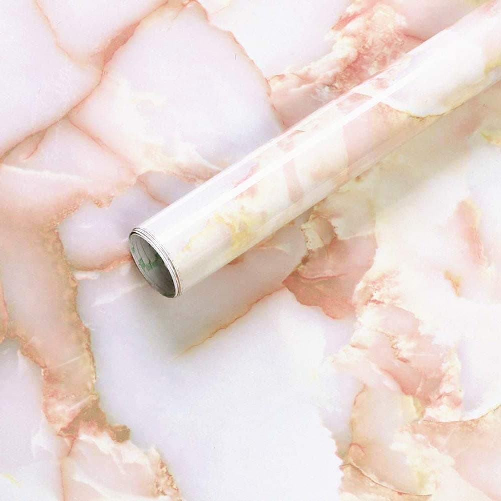 Redodeco White Pink Jade Marble Look Paper Granite Effect Peel Stick Vinyl Counter Top Adhesive Paper Wallpaper Cabinet Dresser Drawer Door Wardrobe Stickers 15.8inch by 79inch