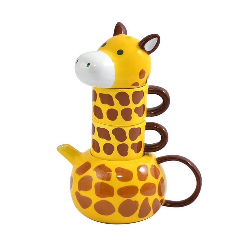 RORA Giraffe Ceramic Tea Pot with 2 Tea Cups Set, Hand-painted Porcelain Teapot Set for Coffee Latte Milk Tea Flower and Fruit Tea （17 oz/500 ml）, Yellow, (G01)