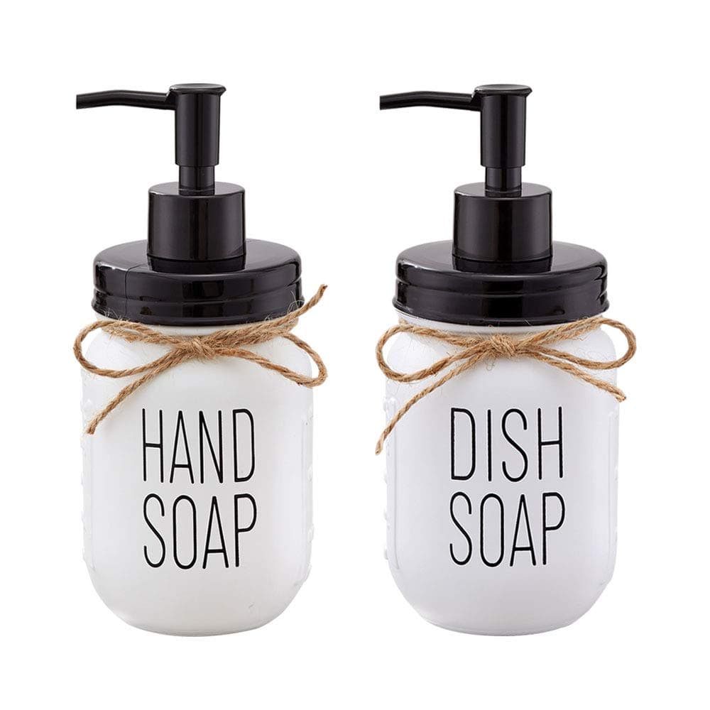 Farmhouse Glass Mason Jar Hand Soap Dispenser and Dish Soap Dispenser Set - 16 Ounce Glass Mason Jar with Plastic Pump and Lid - Rust Proof - Rustic Bathroom Accessories &Kitchen Home Decor - 2 Pack