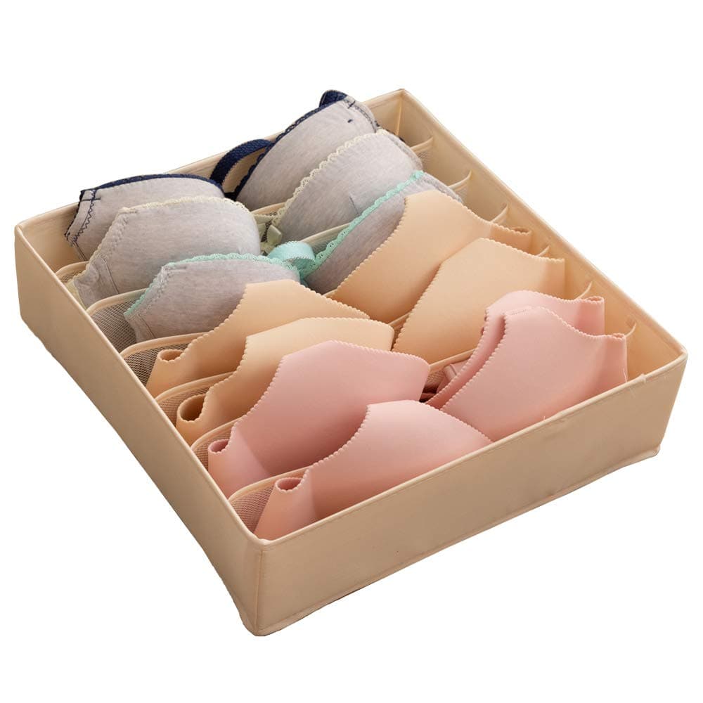 ALYER Collapsible Bra(A-C Cup) Drawer Organizer,Durable Cloth Storage Box Bins Dividers for Panties,Underwear,Socks,Lingerie(Beige-7 Cells)