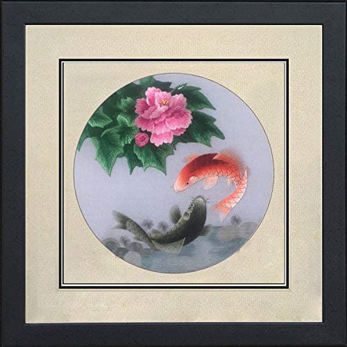 King Silk Art 100% Handmade Embroidery Framed Red & Black Koi Swimming on Wave Oriental Wall Hanging Art Asian Decoration Tapestry Artwork Picture Gifts 32201WF