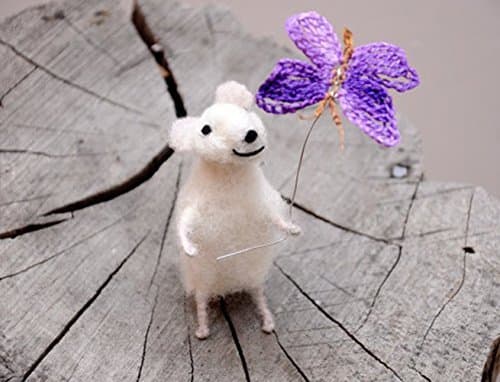 Needle Felted Art Doll Felt White Mouse 3in. height Cute mouse with butterfly!