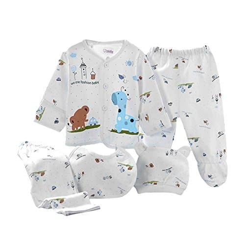 Gajaous5PCS Newborn 0-3M Boys Girls Baby Cotton Clothes Tops Hat Pants Suit Outfit Sets OneSize