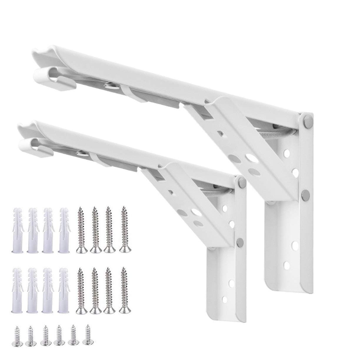 Folding Shelf Brackets 12 inch - Collapsible Shelf Brackets for Fold Down Table Workbench Wall Mounted 2 Pack (White)