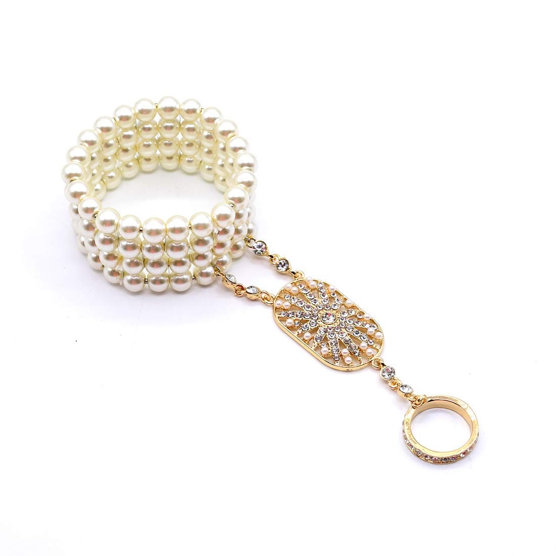 Maying 1920s The Great Gatsby Crystal Pearl Bracelet Ring Set Gold