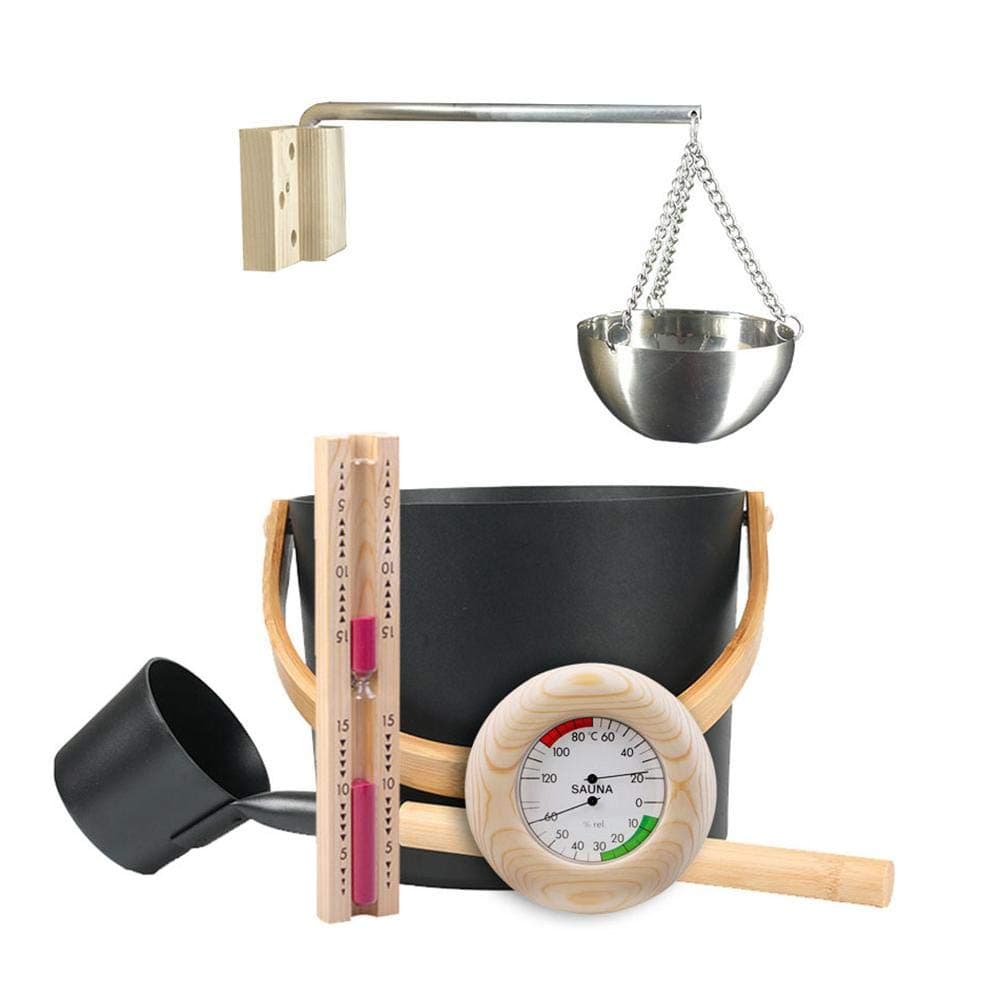 Seasaleshop Sauna Bucket Set With Long Handle Spoon, 7L Hourglass Thermometer/Hygrometer Sauna Aromatherapy Oil Cup Kit