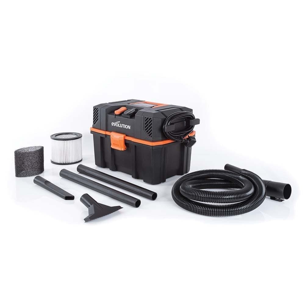 Evolution Power Tools R15VAC Vacuum Cleaner Wet and Dry Vac, Portable and Lightweight Ideal Dust Extractor for Saw Dust in Workshops, With Power Take-Off, Corded, Orange