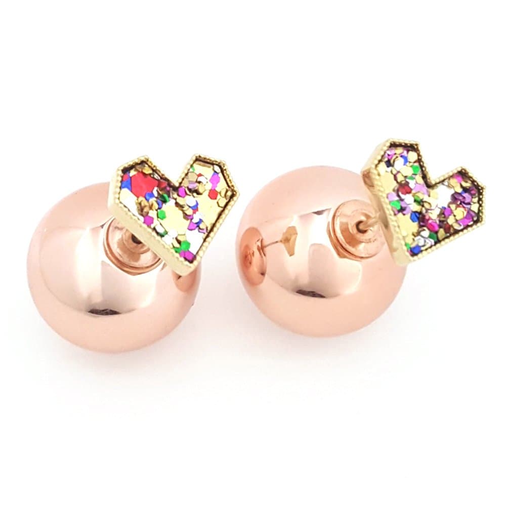 Artnouveau Elle Dainty Glitter Heart Stud Double Sided Rose Gold Round Ball Earrings Fashion Jewelry