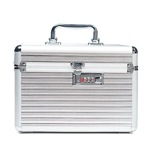 Double aluminum alloy cosmetic bag Password Lock Handheld mass Cosmetic Box vanity salons bag ,silver stripe,large