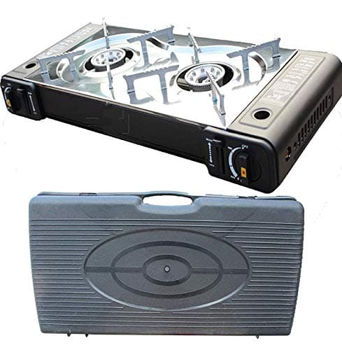 PROGEN Portable Camping Twin Gas Cooker Piezo ignition Stove Burner Portable BBQ Outdoor with Carry Case