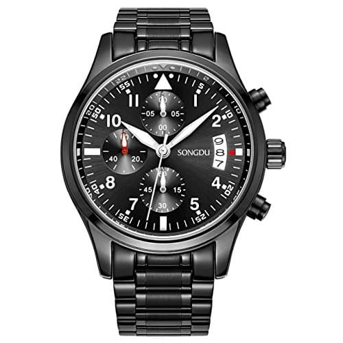 SONGDU Mens Date Black Military Multifunction Chronograph Watches Luminous Numeral Stainless Steel