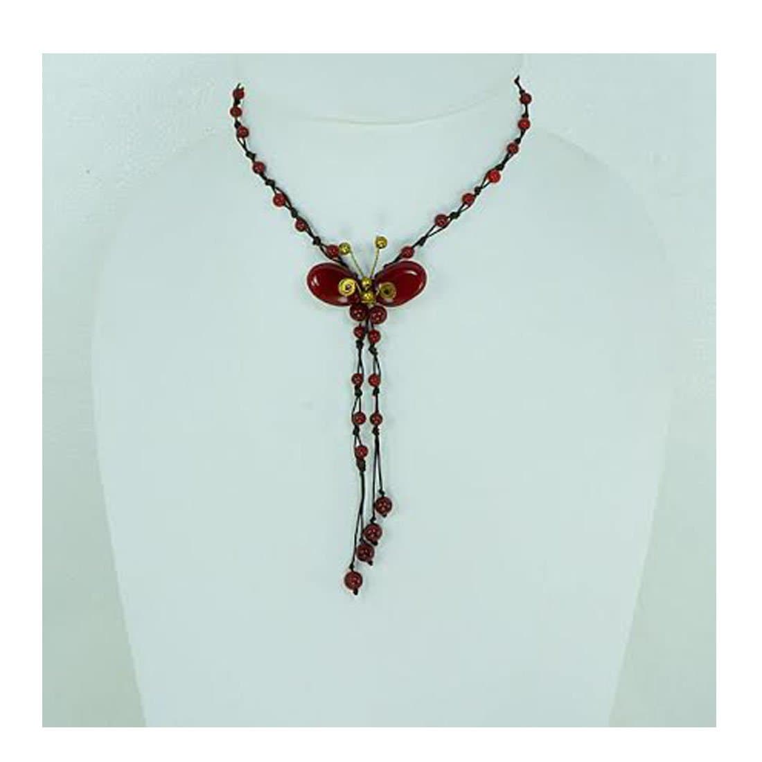 Thai Handmade Flower Shell Necklace Decorated with Bead and Stone Beautiful (Red)