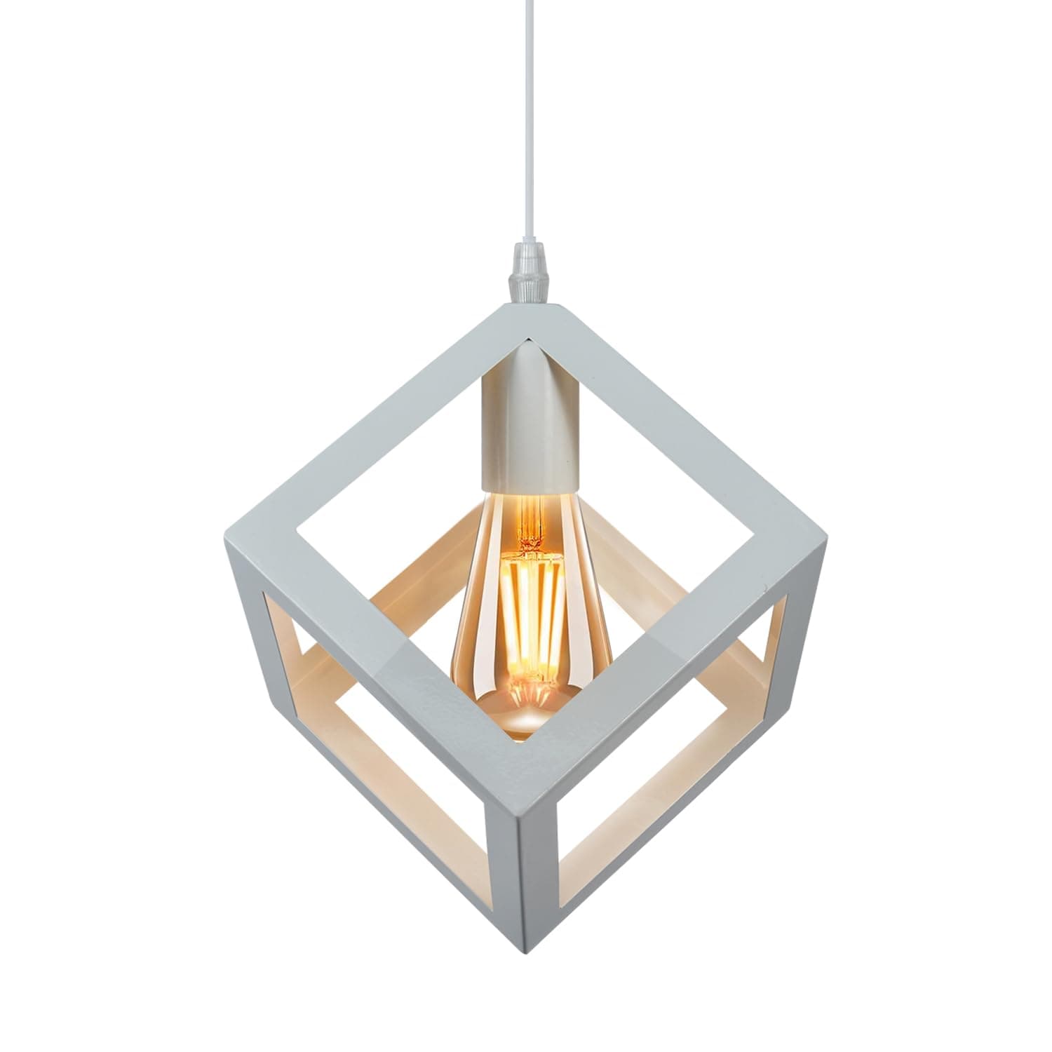 DELIPOP Vintage Industrial Cube Ceiling Light, Metal Pendant Light, Nordic Geometric Pendant Lights, White Color Cube Design Square Hanging Light AC110-240V, (Bulb not Included), 220V, E27 Base