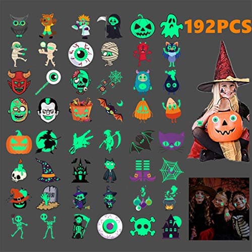 192pcs Assorted Halloween Tattoos for Kids, Temporary Tattoos for Kids, 48 Designs Glow in the Dark for Halloween Party Favor Trick or Treat Gifts Candy Bag Ghost