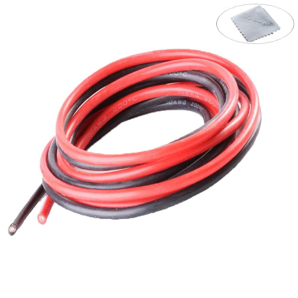 Boladge B012 2 Meter Pure Silicone Wire 8AWG Power Cable Battery Cable Tinned Copper Wire 8 Gauge RC Cable Lead (1 Meter in Black and 1 Meter in Red) (8AWG)