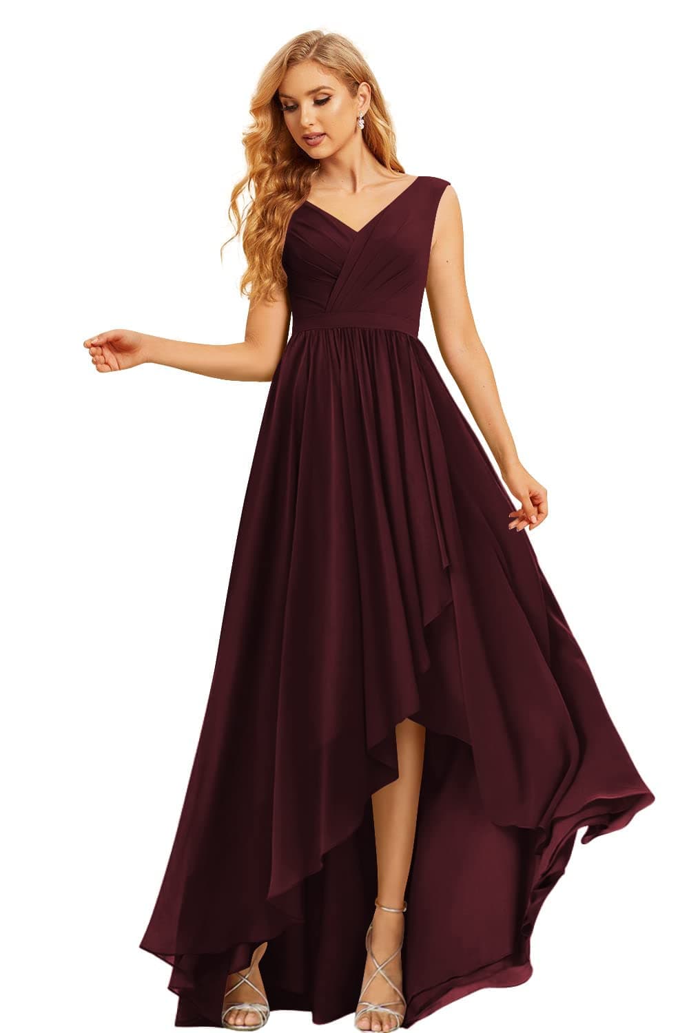 Maxi High Low Long Bridesmaid Dresses Chiffon Ruched Empire Waist Summer Spaghetti Strap Slit Flowy Evening Gowns