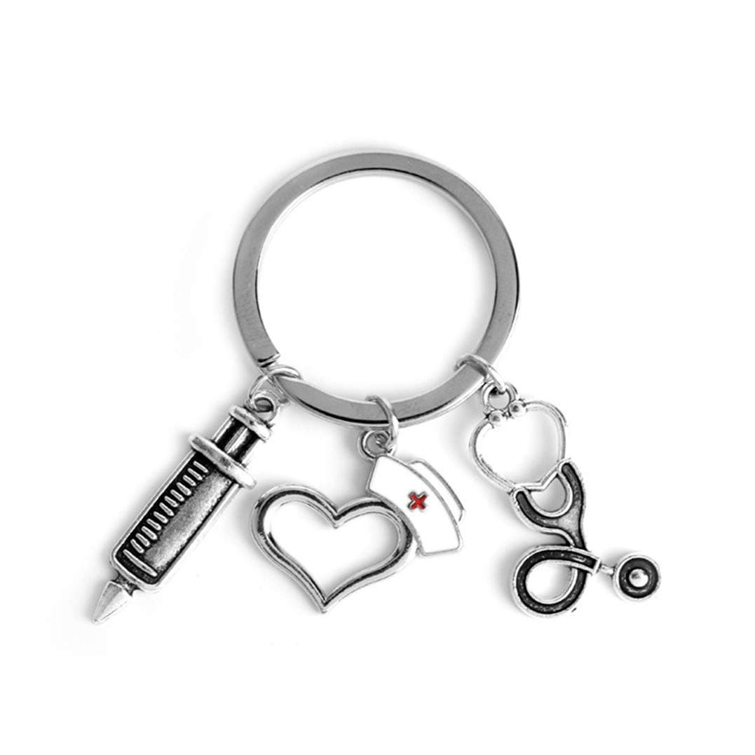 Weryffe Nurse Keychain Novelty Love Heart Nurse Cap Pendant Simulation Stethoscope Syringe Keyring Unisex Key Handbag Hanging Pendant for Doctor Nurse Gifts