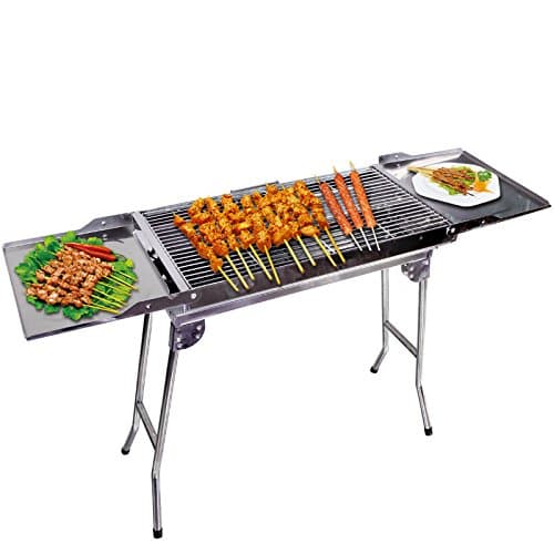 ColourTree Stainless Steel Portable Travel Folding Tall Barbecue BBQ Charcoal Grill with Legs - Silver Chrome, Lightweight, Foldable - For Camping, Picnic, Outdoor - 44" x 12'' x 28" (Large)