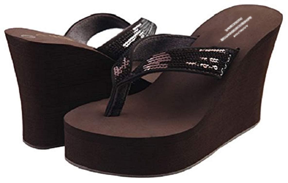 Hanxue Womens Glitter Chunky Wedge Flip-Flops Sandals