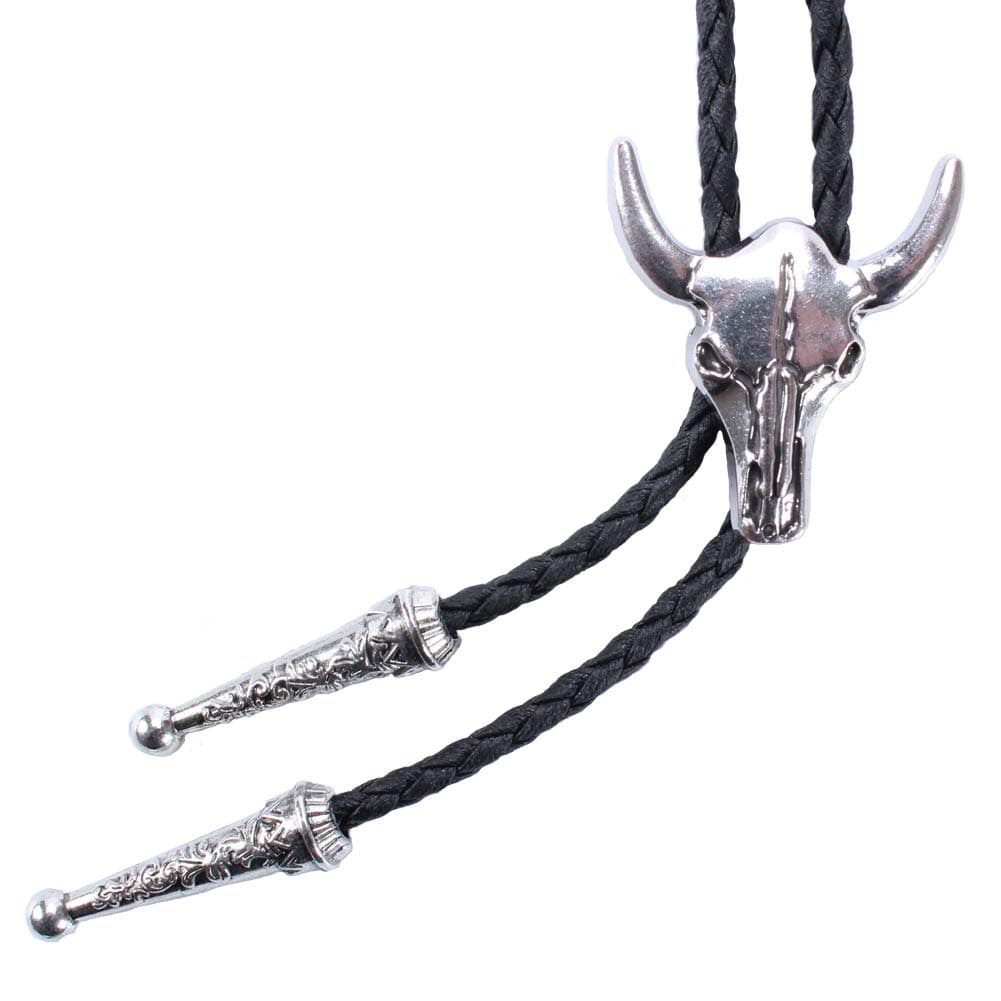 Western Vintage Bolo Tie for Men - Cow Skull Design Cowboy Tie - Black Leather Bolo Necktie Necklace