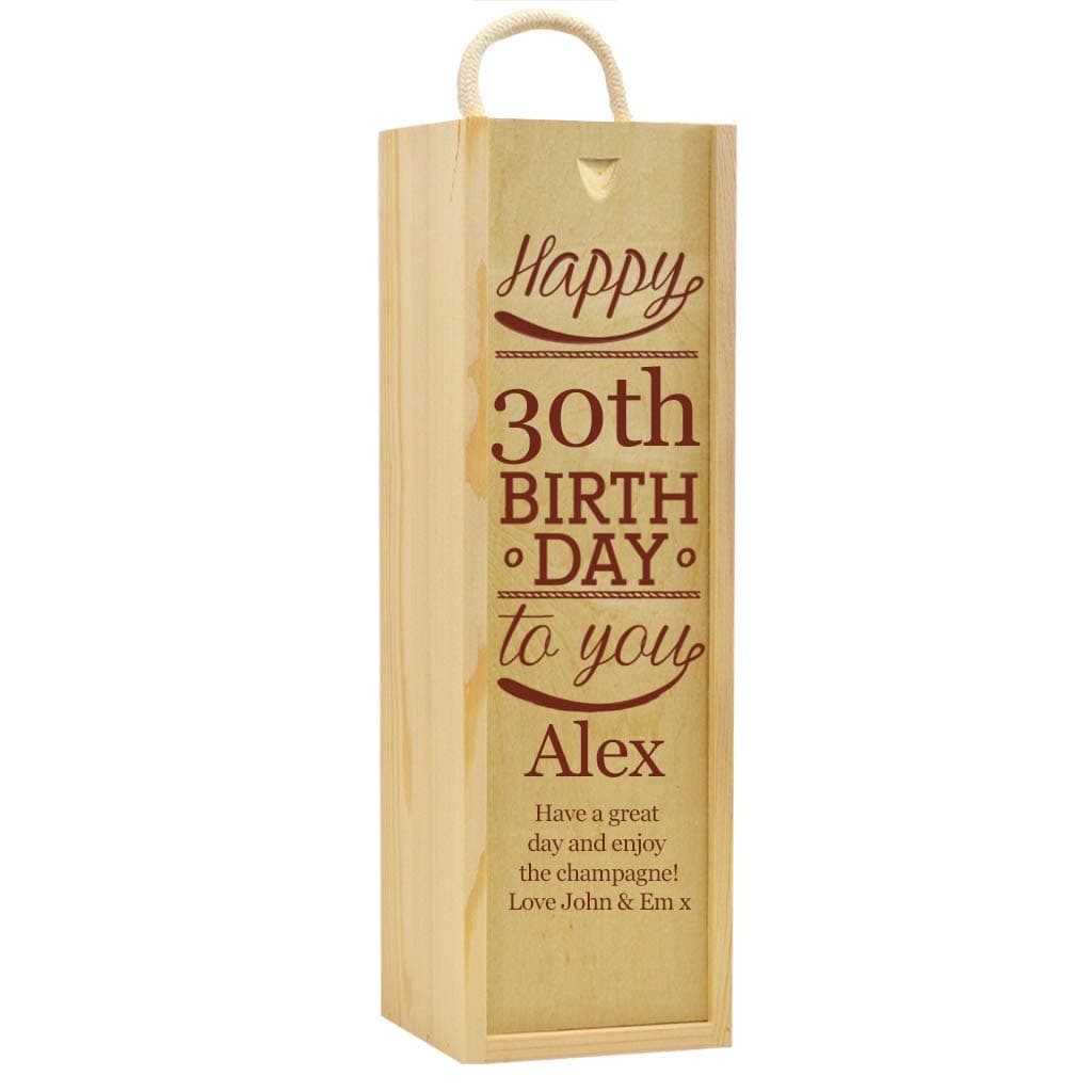 Personalised Wooden Champagne Box Engraved Gift Birthday Printed Age Name Rustic Rope Handle Lid