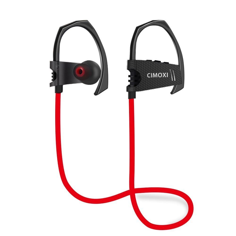 Wireless Earphones, CIMOXI Bluetooth 4.1 Headphones with 8 Hour Play Time, Built-In Mic, IPX4 Waterproof, Noise Cancellation, Premium Sound Ear Hook Earphones for Running, Cycling, Gym, Workout (Red)