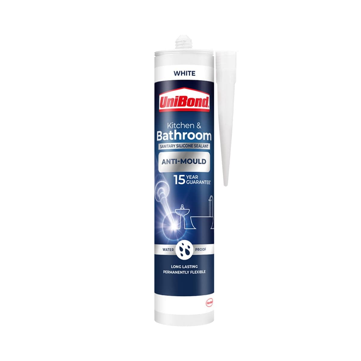 UniBond Mildew Resistant White, Waterproof Mildew Protection Kitchen & Bathroom Sealant, Long Lasting White Silicone Sealant, Strong Bath Sealant, 1 9oz Cartridge