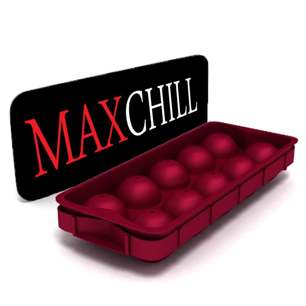 MaxChill Ice Ball Maker - Make Spherical Ice Balls for All Your Drinks | 10 Cavity Mould Made with Premium Food Grade Silicone | Designed for All Glass Sizes Incl Free Transfer Tray in Burgundy Wine
