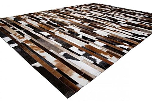 Cowhide Patchwork Rug Tricolor Stripes Design 5x8 ft Black Brown Beige