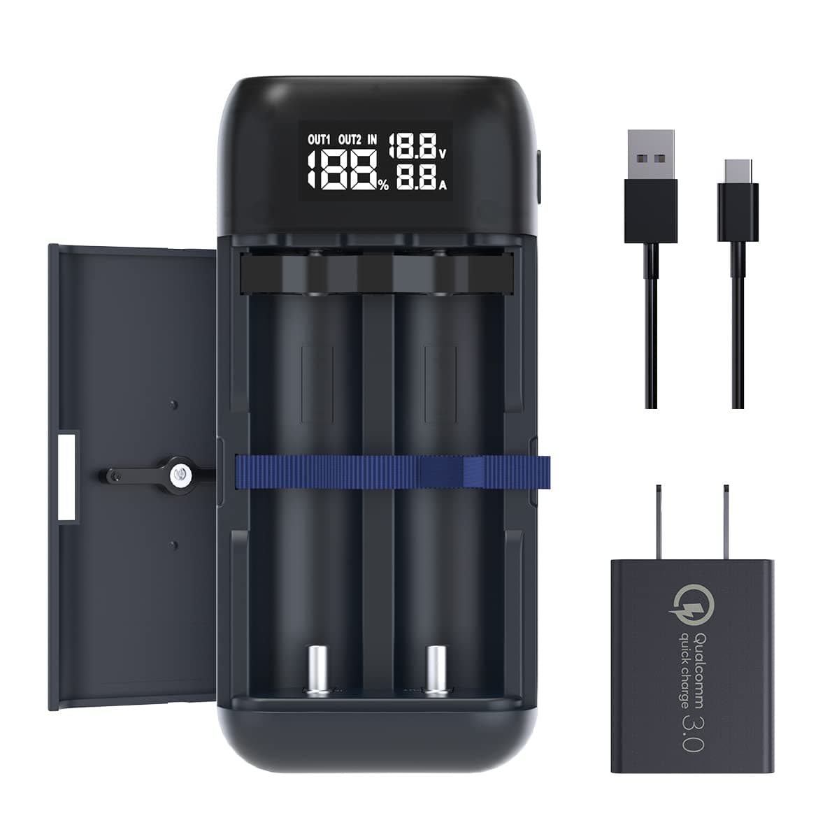 PC2 18650 Battery Charger with XTAR QC3.0 18W Wall Charger USB C Port 21700 Battery Charger with USB Output Function for 18650 20700 21700 Batteries-Not Included Batteries