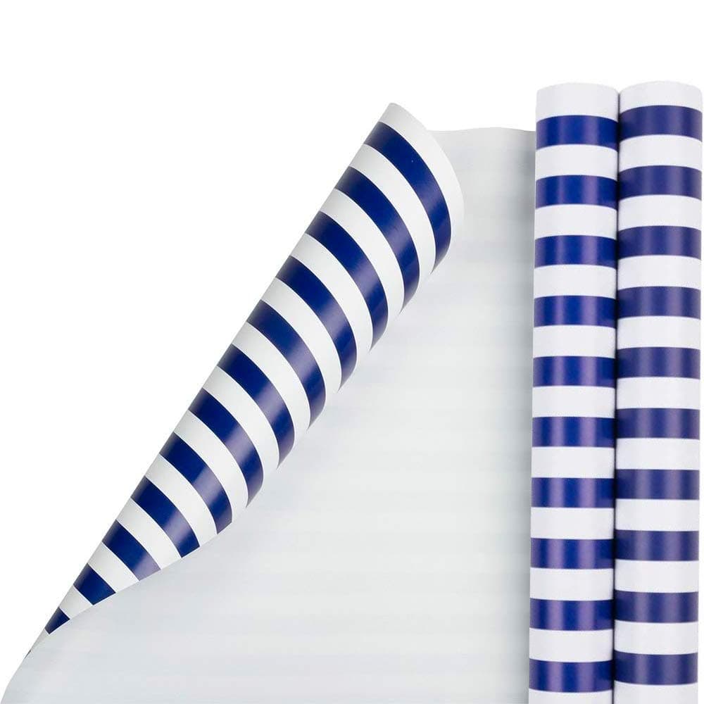 JAM Paper Gift Wrap - Striped Wrapping Paper - 50 Sq Ft Total (30 in x 10 Ft Each) - Blue & White Stripes - 2 Rolls/Pack