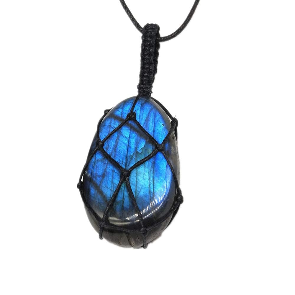 AITELEI Natural Labradorite Crystal Necklace Healing Chakra Pendant with Hand-Woven Rope Labradorite Palm Stone Moonstone Healing Stone Pendant