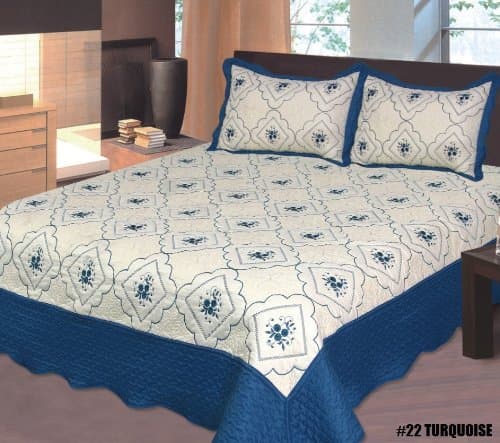 Bednlinens 3 Piece King Turquoise Embroidery Floral Bedspread