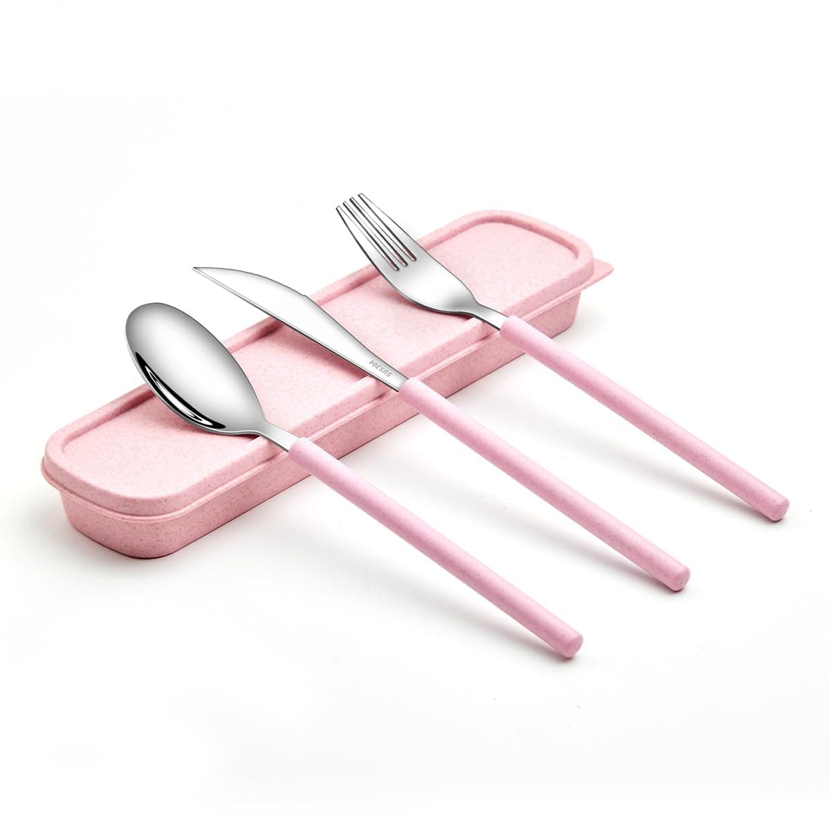 YBOBK HOME Portable Flatware Set with Case Stainless Steel Knife Fork and Spoon Reusable Flatware Set Dishwasher Safe Flatware Utensils with Colored Handle for To Go Anywhere (Pink)