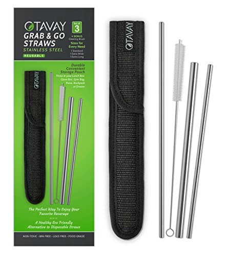 Otavay Grab & Go Straws - Reusable Stainless Steel Metal Straws, Case & Brush