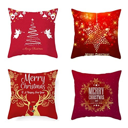 GKanMore 4Pcs Christmas Throw Pillows Covers 18x18 Square Pillow Cases Cushion Covers for Couch, Bed, Sofa, Car (Red)