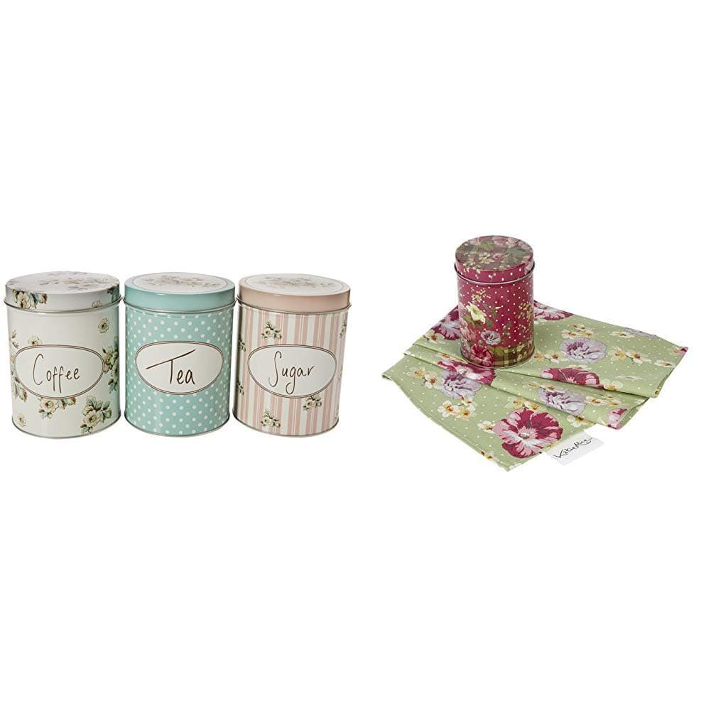 Katie Alice Cottage Flower 3 Piece Set of Large Coffee, Sugar and Tea Storage Tins - 4.21x 5.1 Inch (10.7x 13 cm) + Highland Fling 100 Percent Cotton Tea Towel in Tin Set, 70x 51 cm (27.5x 20 Inch)
