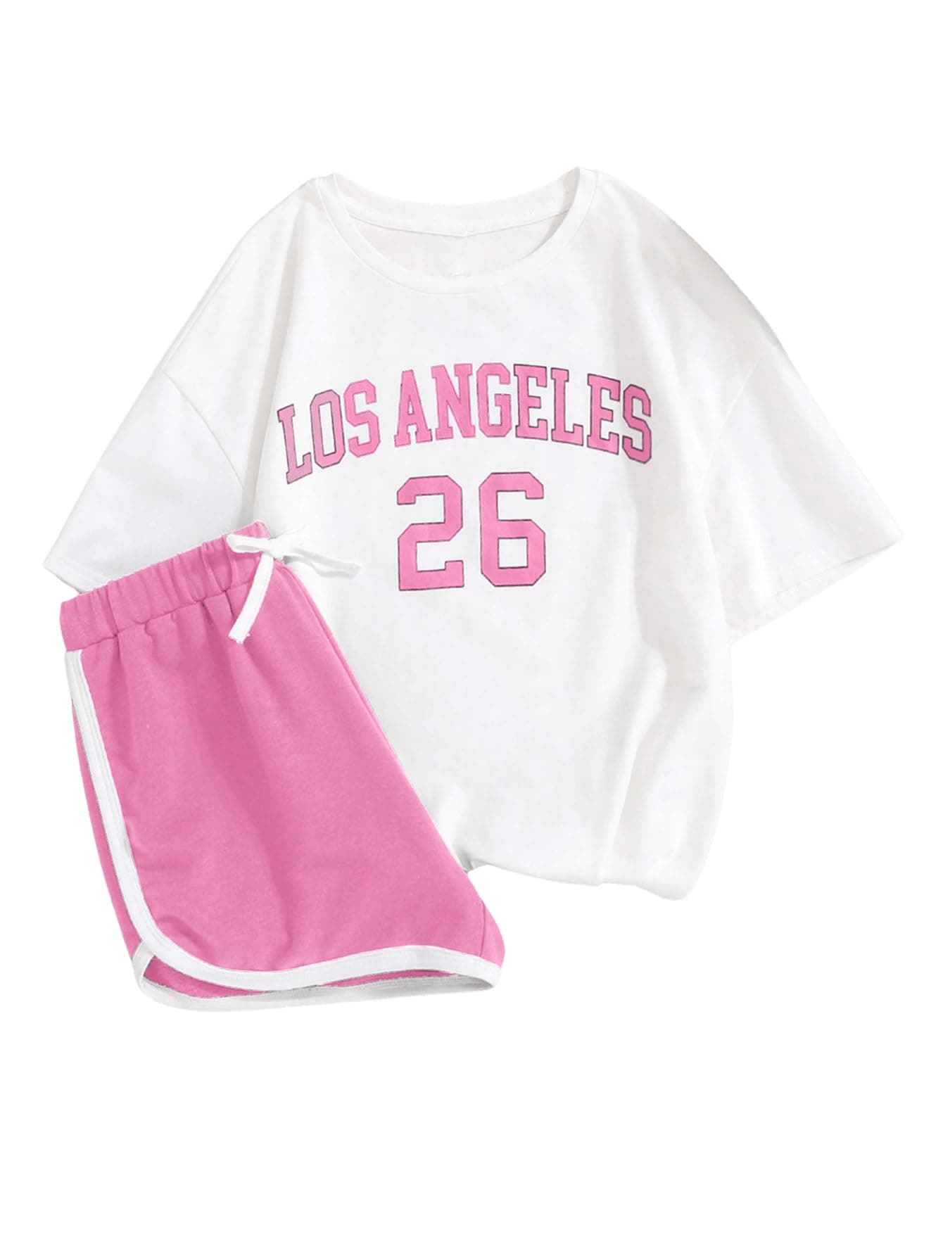 Floerns Girl's 2 Piece Outfits Graphic Print Drop Shoulder Tee & Contrast Binding Track Shorts Clothing Set