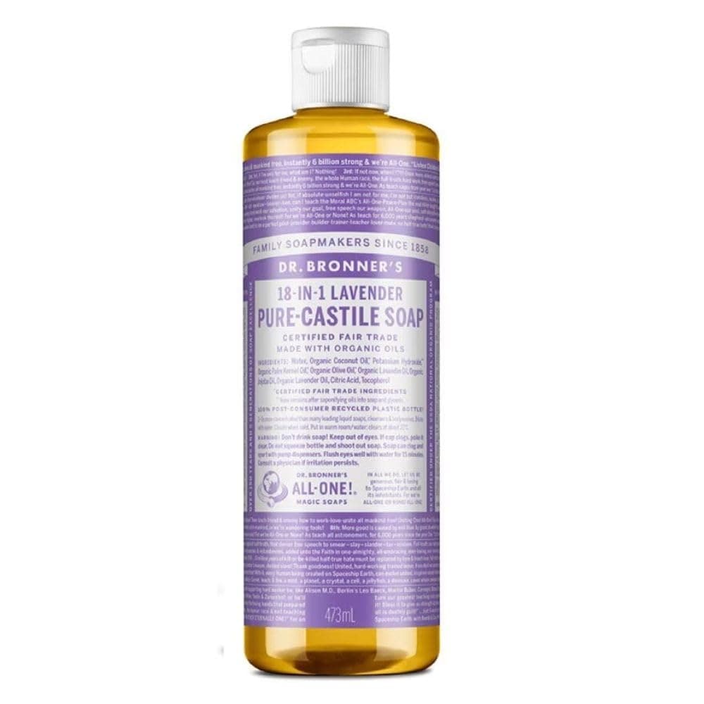 Dr Bronner's 18-in-1 Lavender Pure-Castile Liquid Soap, Made with Organic Oils, Used for Face, Body, Hair, Dishes, Mopping and Pets, Certified Fair Trade & Vegan Friendly, 475ml Recycled Bottle