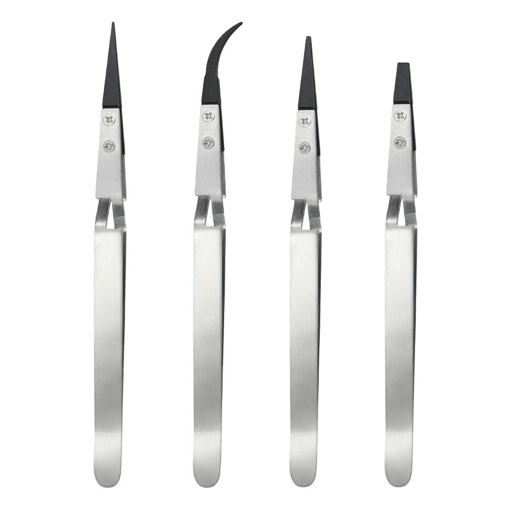 TANCUDER 4 PCS Anti-Static Tweezers Set Precision Stainless Steel Tweezers for Crafting, Self Locking Tweezers Non-Magnetic Plastic Tipped Tweezers for Electronics Jewelry Craft Laboratory Hobby