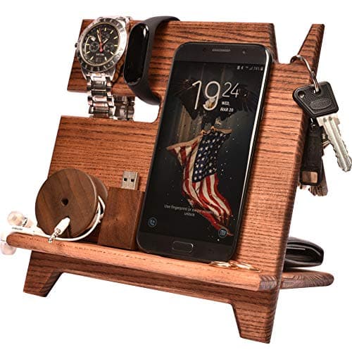 BarvA Wood Docking Station Cell Phone Smartwatch Holder Men Charging Accessory Nightstand Father Mobile Gadget Organizer Desktop Dresser Storage Wallet Anniversary Birthday Graduation Gift