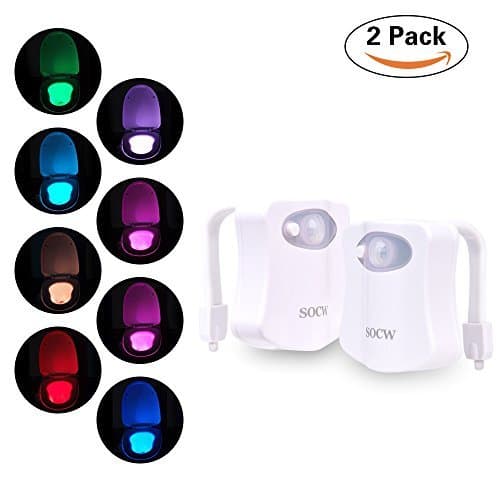 SOCW Toilet Light, Auto Body Motion Activated Toilet Night Light 8 Color Changing LED Toilet Seat Light Motion Sensor Toilet Bowl Light with 6pcs Batteries, Fit Any Toilet (2 Pack)