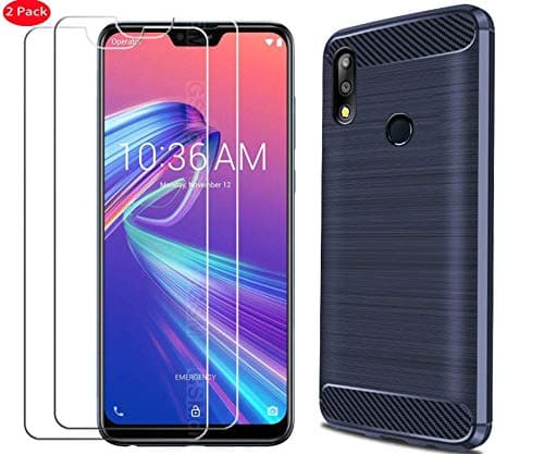 Asus Zenfone Max Pro (M2) Case with Screen Protector,[3 in 1] MYLBOO Soft Slim Flex TPU Silicone Phone Case + [2 Pack] 9H Tempered Glass [Anti-Scratch] Screen Protector for Asus Max Pro M2 (Navy)