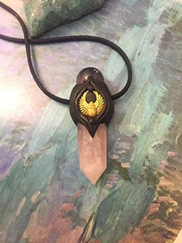 Sovereignity. Crystal Ball Necklace Amulet with Gold Winged Scarab Pendant w Clear Quartz and Rose Quartz Necklace. Powerful Metaphysical Stones Jewelry