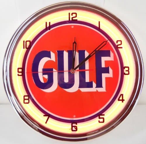 GULF OIL & GASOLINE 15" NEON LIGHTED WALL CLOCK OLD STYLE ORANGE