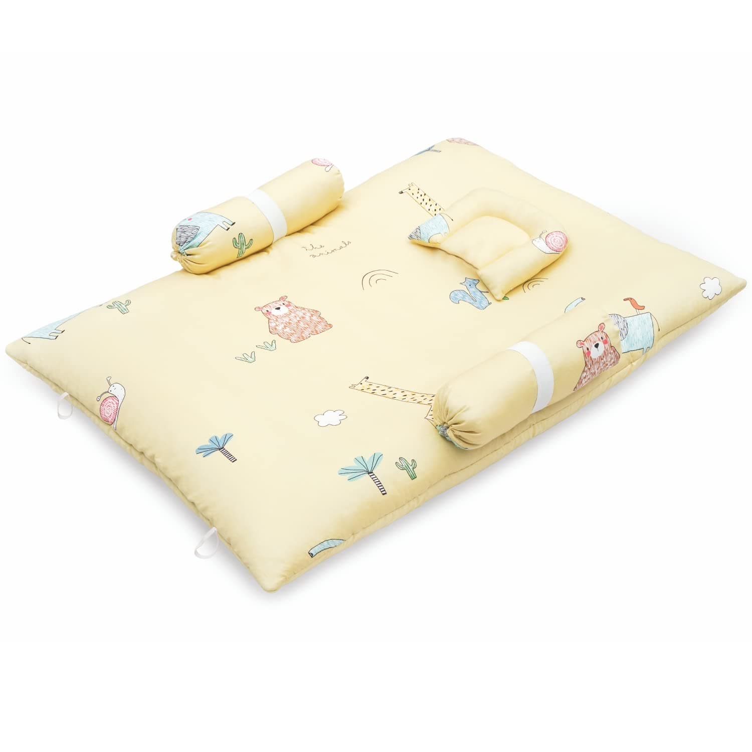 R for Rabbit Snuggy Forest Portable Baby Sleeping Bedding, Made in India with 100% Natural super Soft Cotton, Odor Free & Breathable Fabric, Toddler Bedding Set, Comfortable Cushioning with Two Side Pillows for New Born of age 0 to 12 Months - Yellow