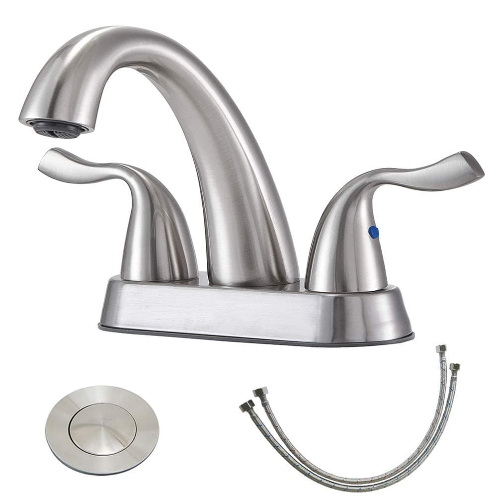 Lead-Free 2-Handle Lavatory Vanity Sink Brushed Nickel Bathroom Faucet, Modern Mixer Tap Bathroom Sink Faucet with with Pop-up Drain Stopper and Water Hoses BF027L