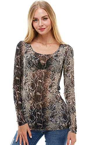 Imagenation Women's Long Sleeve Mesh Top Sheer See Through Round Scoop Neck Stretchy