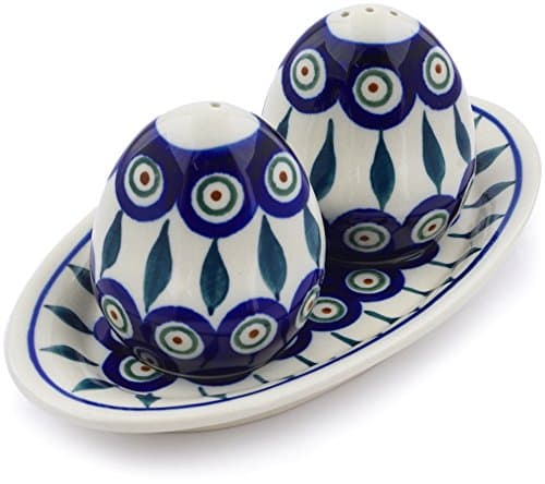 Polish Pottery 7¼-inch Salt and Pepper Set (Peacock Leaves Theme) + Certificate of Authenticity