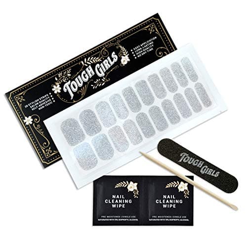 TOUGH GIRLS| Nail Polish Strips | 20 Stylish Strips | Brighter, Thicker, Tougher | Includes Cuticle Stick, Nail File, & Nail Wipes (Silver Sparkles)